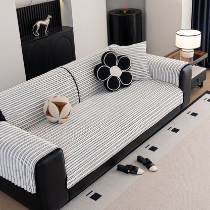 Plush Striped Couch Seat and Backrest Cover, Non-Slip Individual Sofa Protector