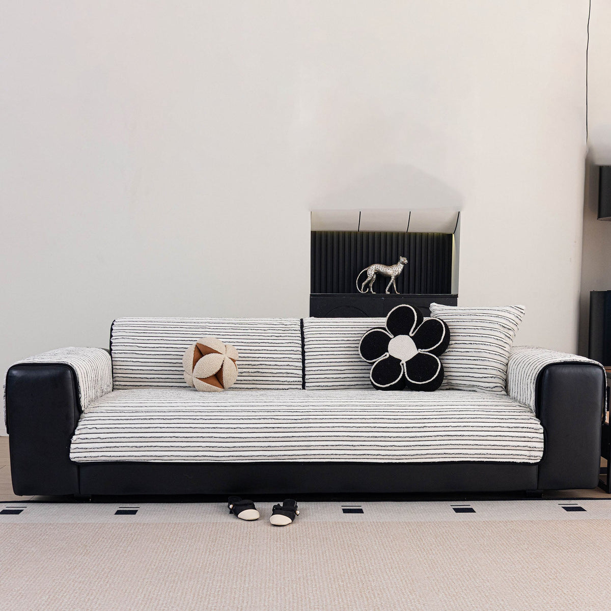 Plush Striped Couch Seat and Backrest Cover, Non-Slip Individual Sofa Protector