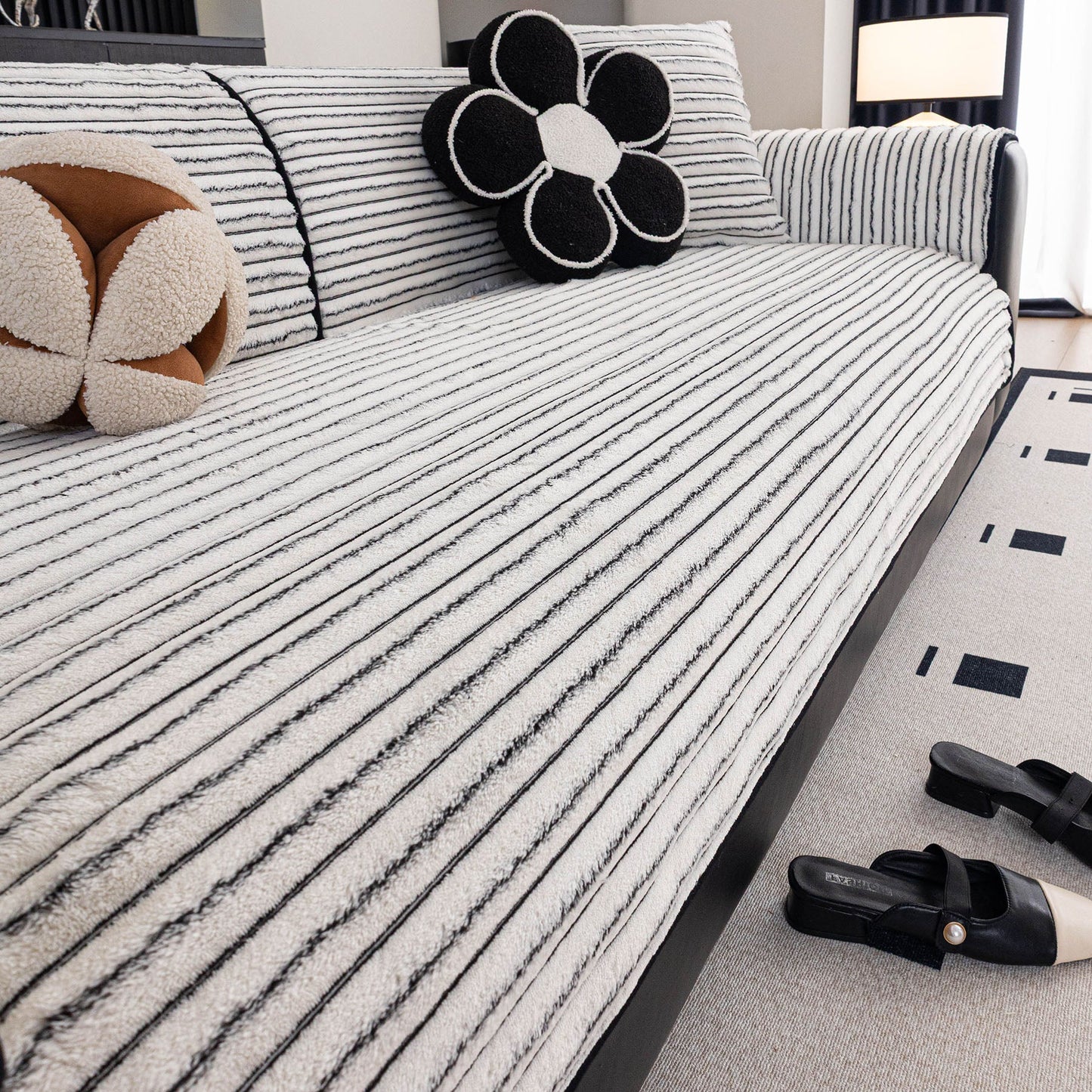 Plush Striped Couch Seat and Backrest Cover, Non-Slip Individual Sofa Protector
