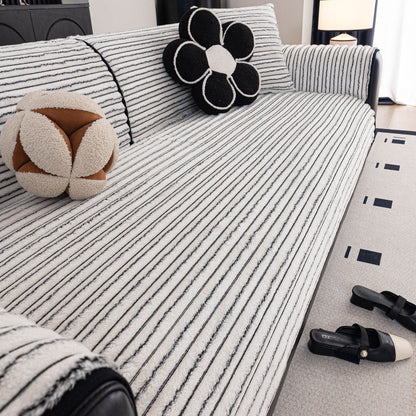 Plush Striped Couch Seat and Backrest Cover, Non-Slip Individual Sofa Protector