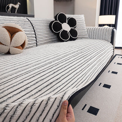 Plush Striped Couch Seat and Backrest Cover, Non-Slip Individual Sofa Protector