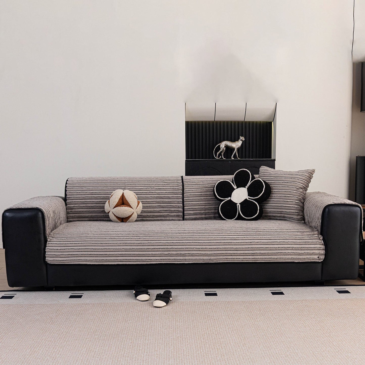 Plush Striped Couch Seat and Backrest Cover, Non-Slip Individual Sofa Protector