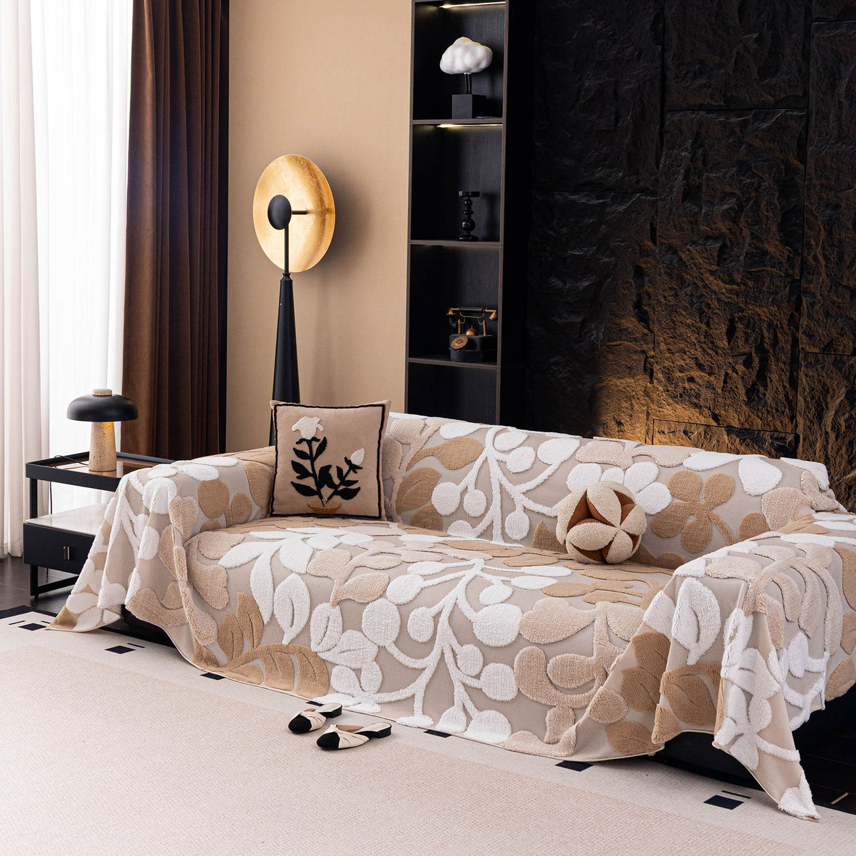 Vintage Boho Floral Sofa Throw Cover, 3D Soft Tufted Plush Couch Protector Futon Cover