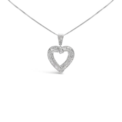 .925 Sterling Silver 1.00 Cttw Baguette and Round Diamond Open Heart Pendant Necklace