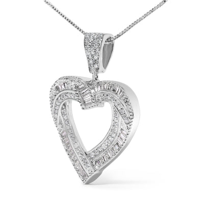 .925 Sterling Silver 1.00 Cttw Baguette and Round Diamond Open Heart Pendant Necklace