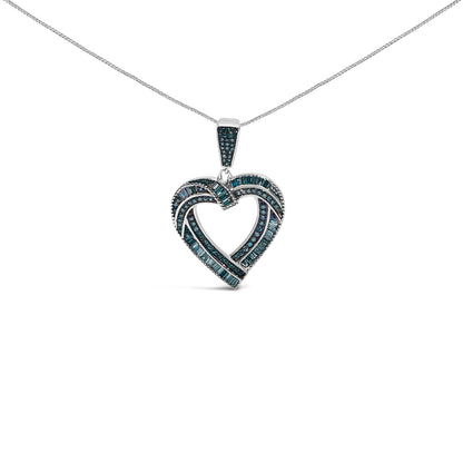 .925 Sterling Silver 1.00 Cttw Baguette and Round Blue Diamond Open Heart Pendant Necklace