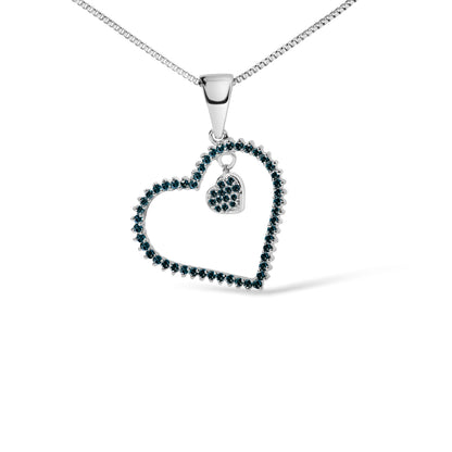 925 Sterling Silver 1/3ct TDW  Blue Treated  Diamond Heart Pendant Necklace