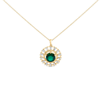 14KT Yellow Gold Plated .925 Sterling Silver Lab Grown Emerald and Baguette Diamond Medallion Pendant Necklace