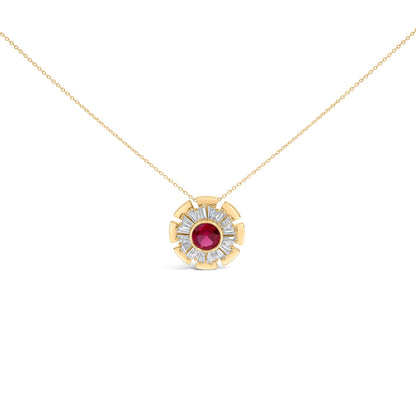 14K Yellow Gold Plated Silver Created Red Ruby and Diamond Baguette Medallion Pendant Necklace