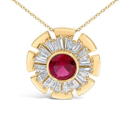 14K Yellow Gold Plated Silver Created Red Ruby and Diamond Baguette Medallion Pendant Necklace