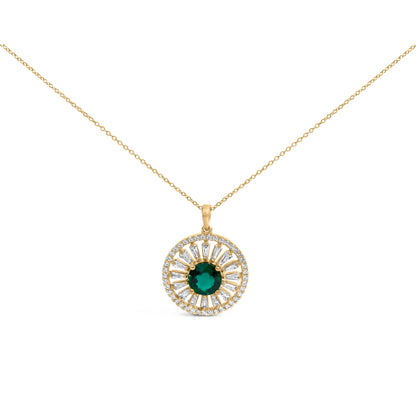 14K Yellow Gold Plated Sterling Silver Lab Grown Emerald and Diamond Sunburst Medallion Pendant Necklace