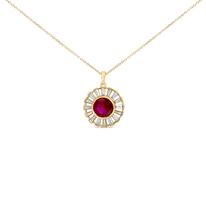 14K Yellow Gold Plated Silver Created Red Ruby and Baguette Diamond Sunburst Medallion Pendant Necklace