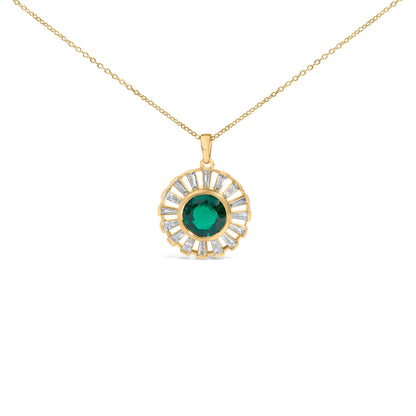 14K Yellow Gold Plated Sterling Silver Lab Grown Emerald and Baguette Diamond Sunburst Medallion Pendant Necklace