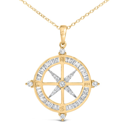 14K Yellow Gold Plated Sterling Silver 3/4 Cttw Diamond Compass Medallion Pendant Necklace