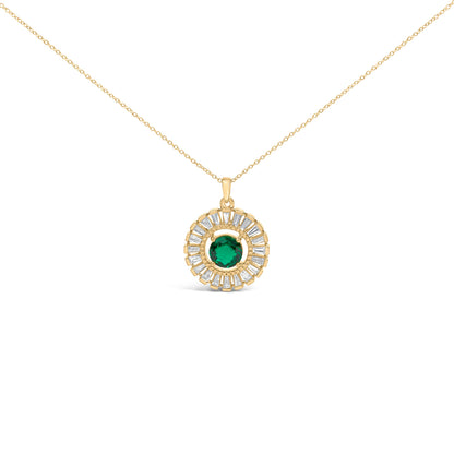 14K Yellow Gold Plated Silver Lab Grown Emerald and Diamond Sunburst Medallion Pendant Necklace