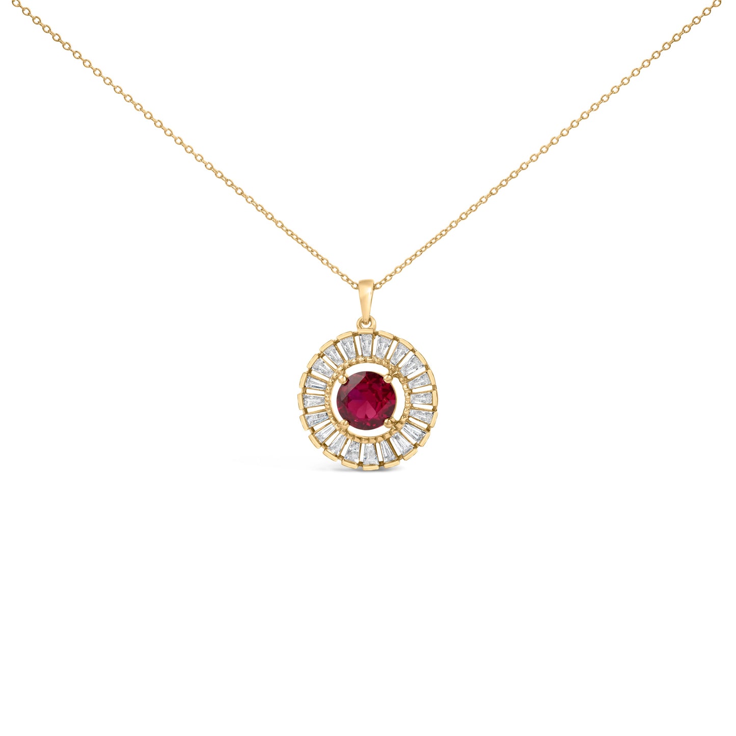 14K Yellow Gold Plated Sterling Silver Lab Grown Ruby and Diamond Medallion Pendant Necklace