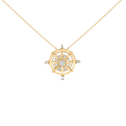 14K Yellow Gold Plated Sterling Silver 1/3 Cttw Diamond Compass Pendant Necklace