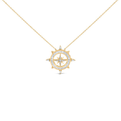 14K Yellow Gold Plated Sterling Silver 1.0 Cttw Diamond Compass Pendant Necklace