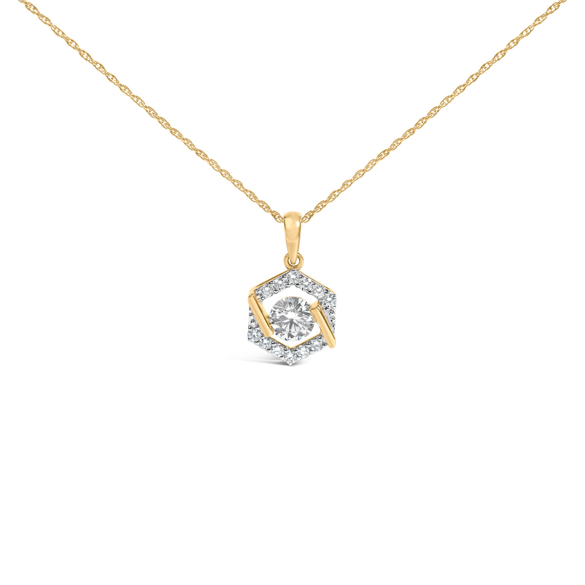 10K Yellow Gold Plated .925 Sterling Silver 1.0 Cttw Lab Grown Diamond Hexagon Halo Pendant Necklace
