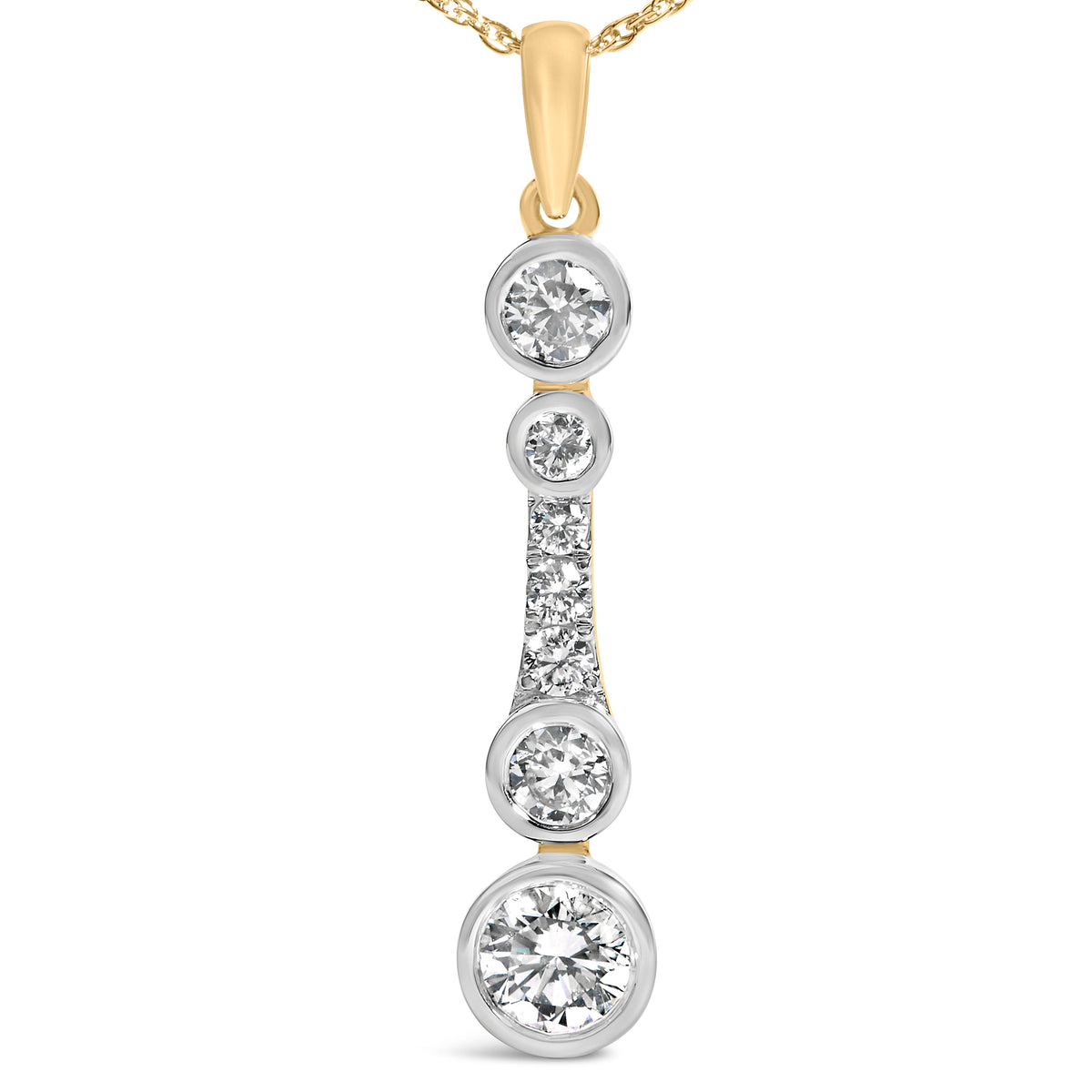 10K Yellow Gold Plated Sterling Silver 1.0 Cttw Lab Grown Diamond Bezel Vertical Drop Pendant Necklace
