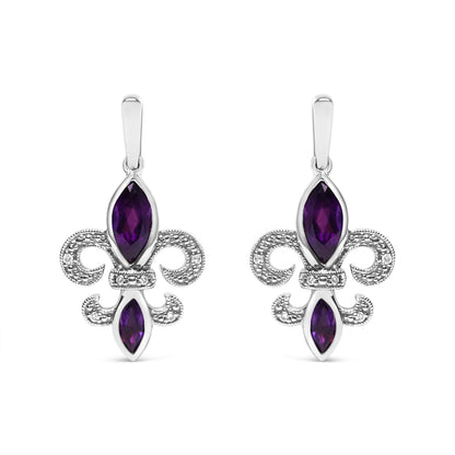 .925 Sterling Silver Marquise Cut Amethyst and Diamond Accent Fleur De Lis Dangle Stud Earrings (H-I Color, SI1-SI2 Clarity)