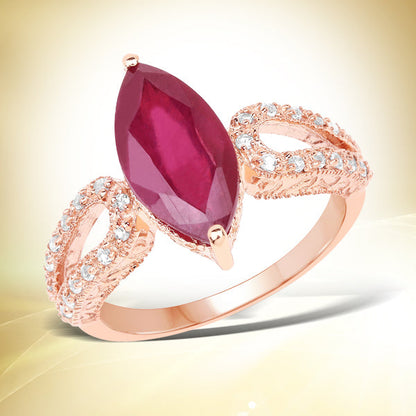 14K Rose Gold Plated 5.11 Carat Glass Filled Ruby and White Topaz .925 Sterling Silver Ring