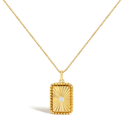 14K Yellow Gold Diamond Accent Rectangular Fluted Medallion Pendant Necklace
