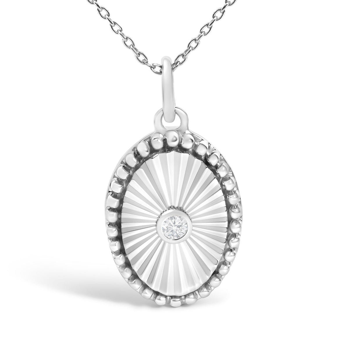 10K White Gold Diamond Accent Oval Fluted Medallion Pendant Necklace