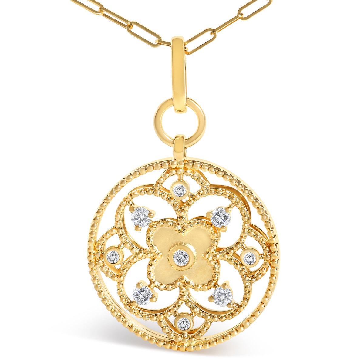 14K Yellow Gold 1/4 Cttw Diamond Filigree Flower Medallion Pendant Necklace
