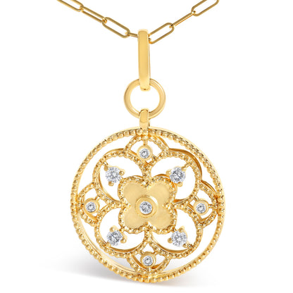 14K Yellow Gold 1/4 Cttw Diamond Filigree Flower Medallion Pendant Necklace