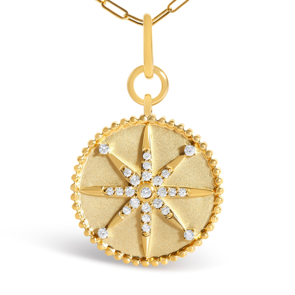 14K Yellow Gold 1/4 Cttw Diamond Compass Medallion Pendant Necklace