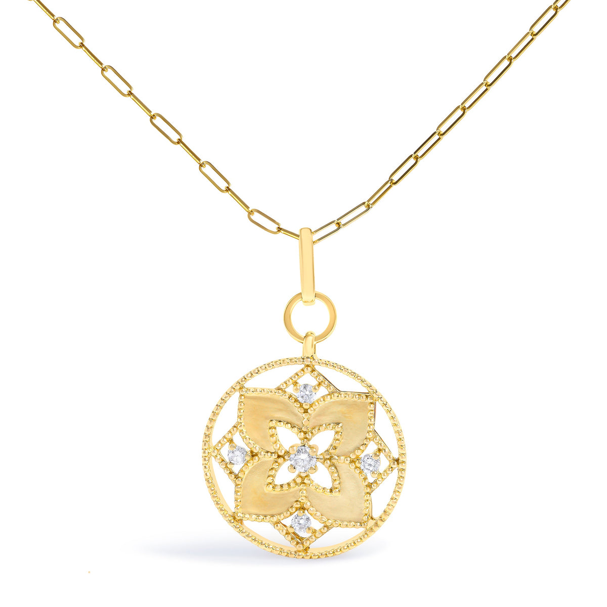 14K Yellow Gold 1/4 Cttw Diamond Star Flower Medallion Pendant Necklace
