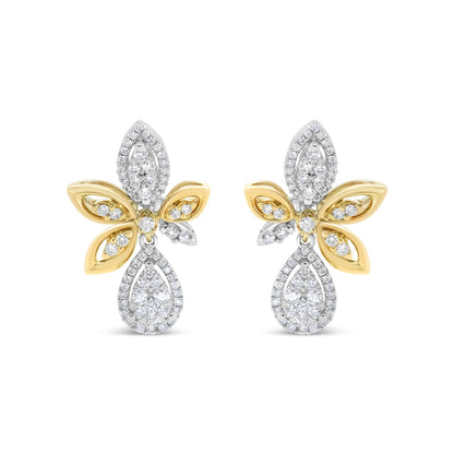 14K White and Yellow Gold 1.00 Cttw Round Pave-Set Diamond Teardrop and Marquise Shape Drop Dangle Earrings (H-I Color, SI1-SI2 Clarity)