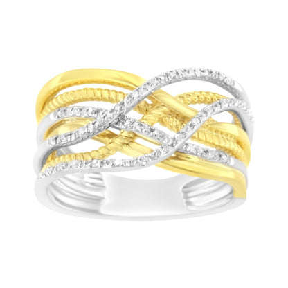 10K Yellow Gold Plated .925 Sterling Silver 1/10 Cttw Diamond Multi Row Crossover Ring Band (I-J Color, I1-I2 Clarity) - Size 7
