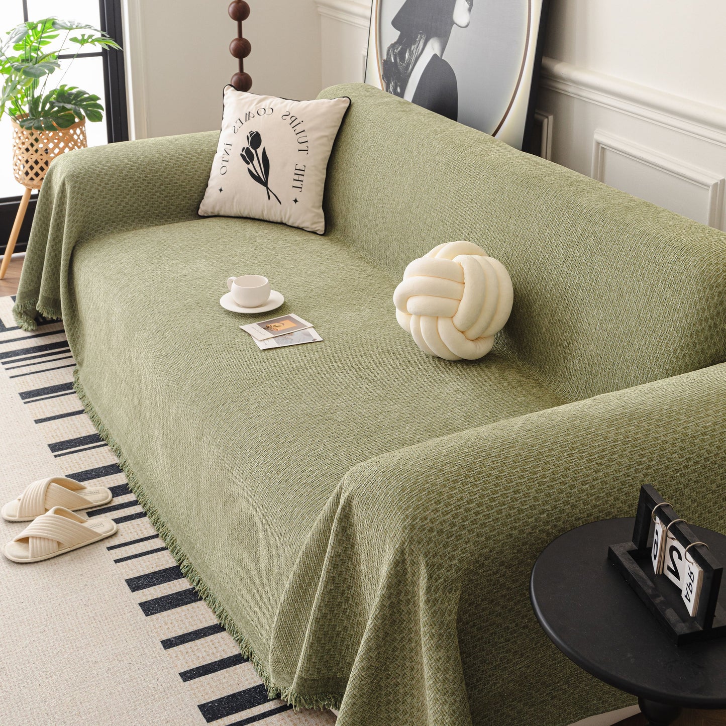 Textured Woven Modern Sofa Cover, Natural Blend Decorative Couch Throw Blanket