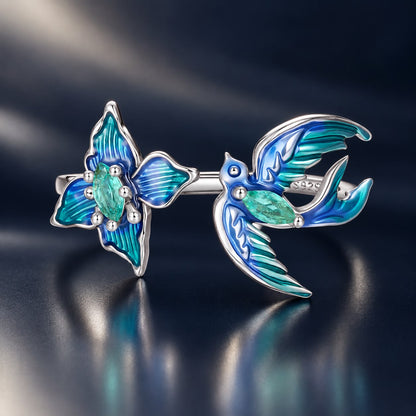 925 Sterling Silver White Gold Plated Enamel Transparent Glass 1.2cm Bird Ring for Women