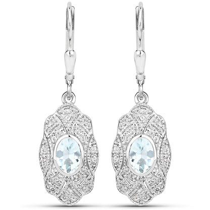 0.96 Carat Genuine Aquamarine and White Topaz .925 Sterling Silver Earrings
