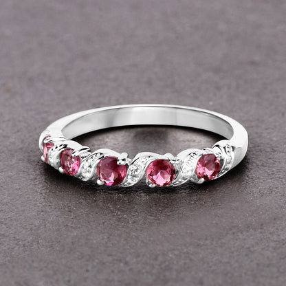 0.64 Carat Genuine Pink Tourmaline and White Topaz .925 Sterling Silver Ring