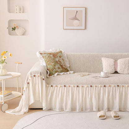 Boho Couch Cover with Knitted Stripes, Chiffon Skirt & Pom Fringe, Pet-Friendly Throw