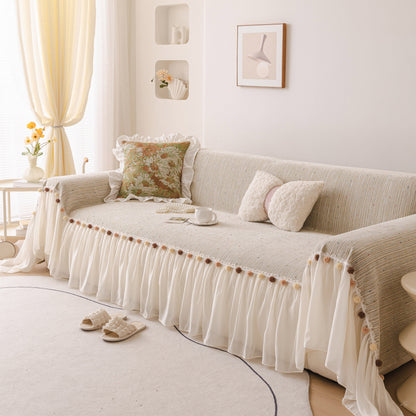 Boho Couch Cover with Knitted Stripes, Chiffon Skirt & Pom Fringe, Pet-Friendly Throw