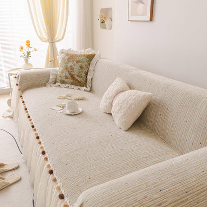 Boho Couch Cover with Knitted Stripes, Chiffon Skirt & Pom Fringe, Pet-Friendly Throw