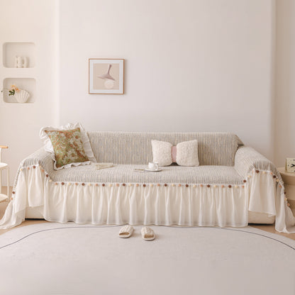 Boho Couch Cover with Knitted Stripes, Chiffon Skirt & Pom Fringe, Pet-Friendly Throw