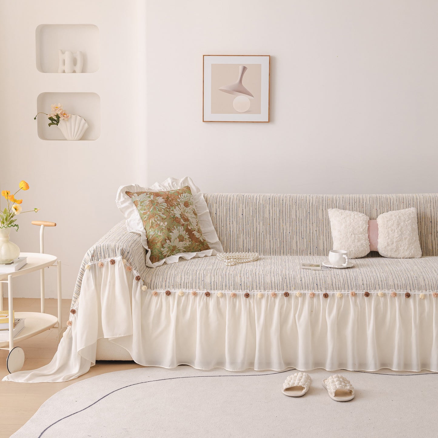 Boho Couch Cover with Knitted Stripes, Chiffon Skirt & Pom Fringe, Pet-Friendly Throw