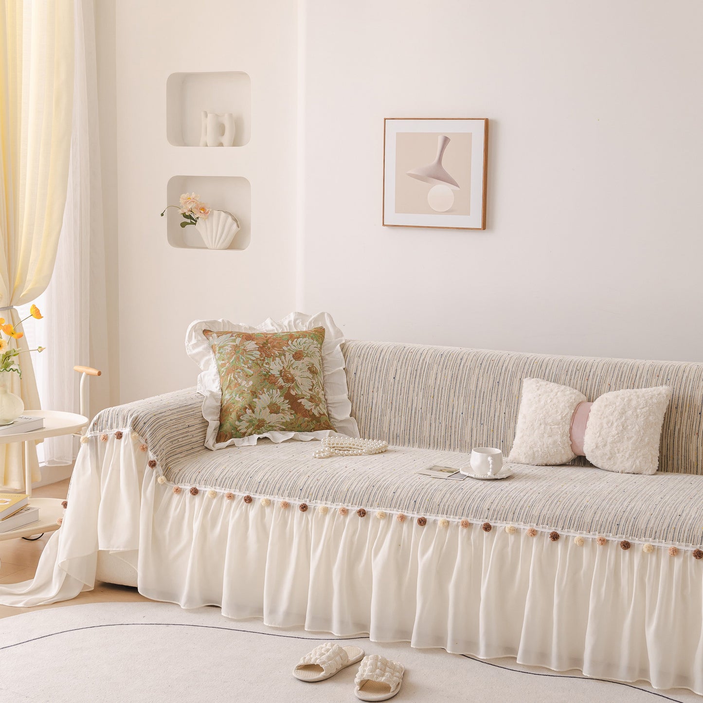 Boho Couch Cover with Knitted Stripes, Chiffon Skirt & Pom Fringe, Pet-Friendly Throw