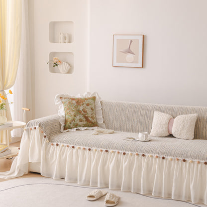 Boho Couch Cover with Knitted Stripes, Chiffon Skirt & Pom Fringe, Pet-Friendly Throw