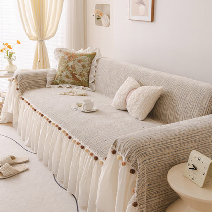 Boho Couch Cover with Knitted Stripes, Chiffon Skirt & Pom Fringe, Pet-Friendly Throw