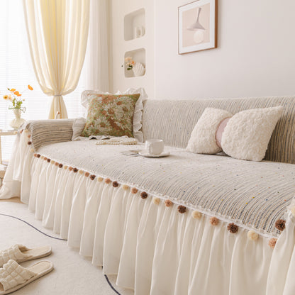 Boho Couch Cover with Knitted Stripes, Chiffon Skirt & Pom Fringe, Pet-Friendly Throw
