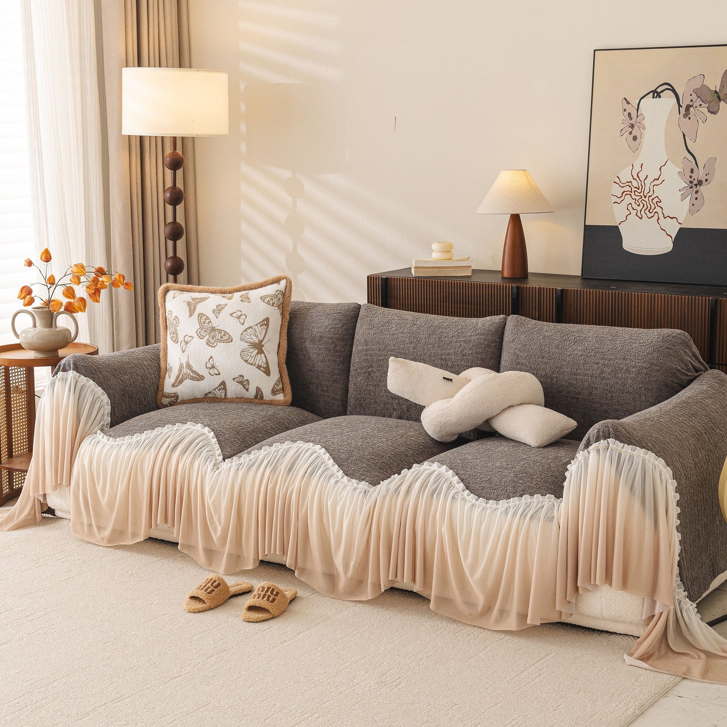 Luxury Sofa Throw Cover with Elegant Ruffled Skirt, Soft Decorative Couch Protector