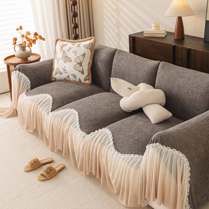 Luxury Sofa Throw Cover with Elegant Ruffled Skirt, Soft Decorative Couch Protector