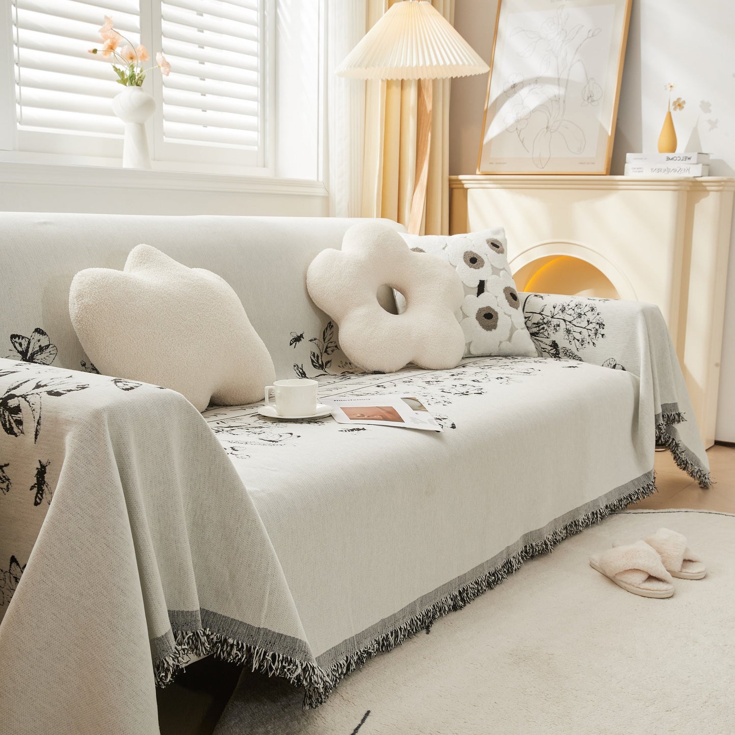 Chenille Butterfly Sofa Cover Blanket, L Shaped Couch Cover, Reversible Couch Protector